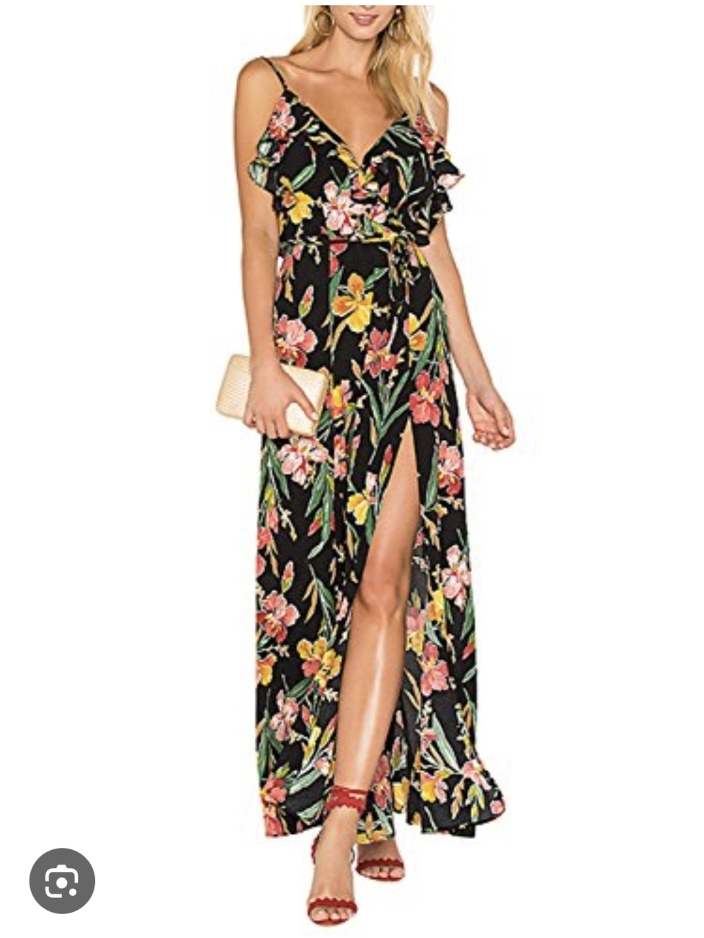 Privacy Please Floral Ruffle Wrap Maxi Dress in Black Size Small
